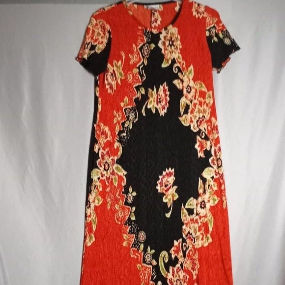 Ultra Dress Womens 14 Red/Black Short Sleeves Crinkle Fitted Maxi Casual Retro
